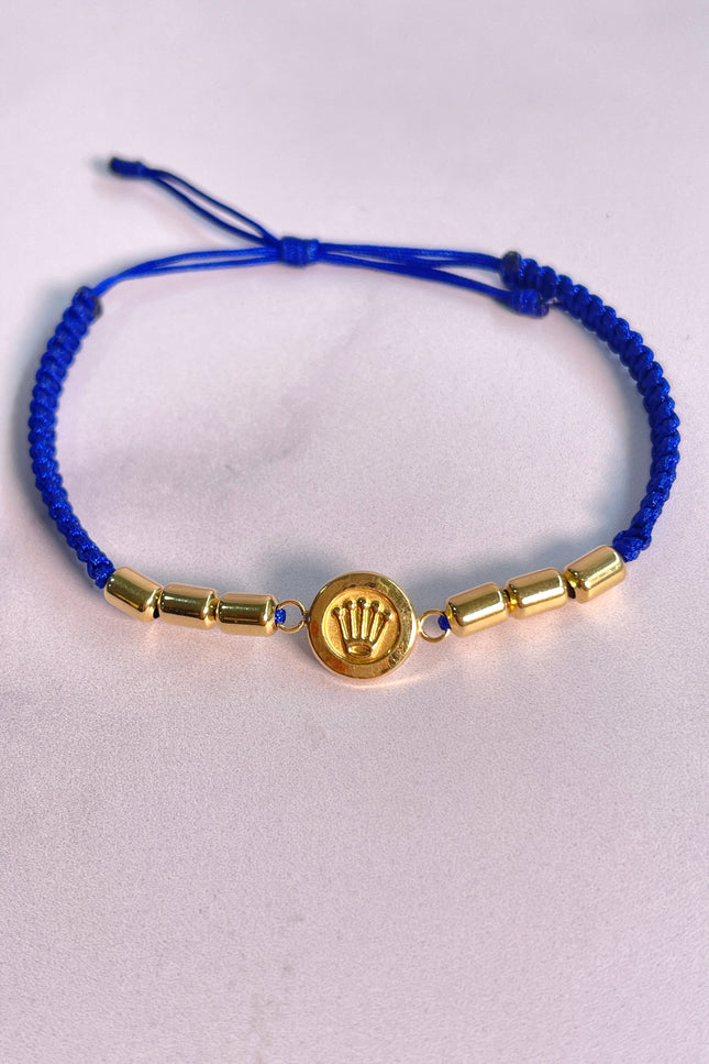 Pulsera Tejida Hilo Azul Con Herraje Corona / 1.4 Gr /